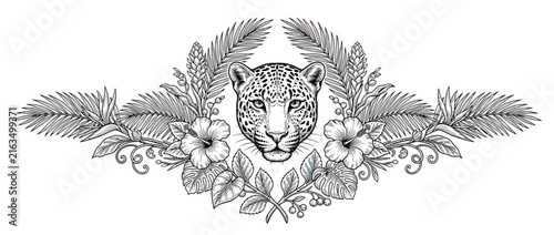 Leopard Head with Tropical Leaves and Flowers