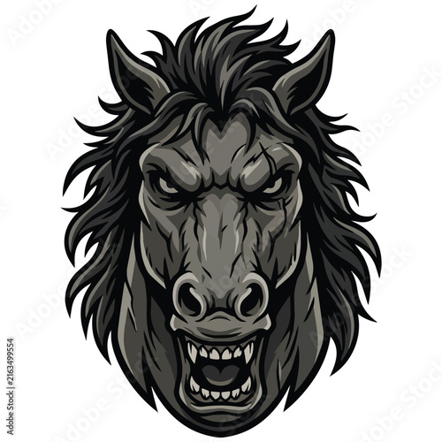 Dark angry stallion head mascot with sharp teeth and fierce eyes, aggressive beast fantasy horse vector illustration for gaming