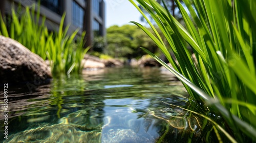 Green park with clean pond, community water care, urban nature balance, environmental awareness visual