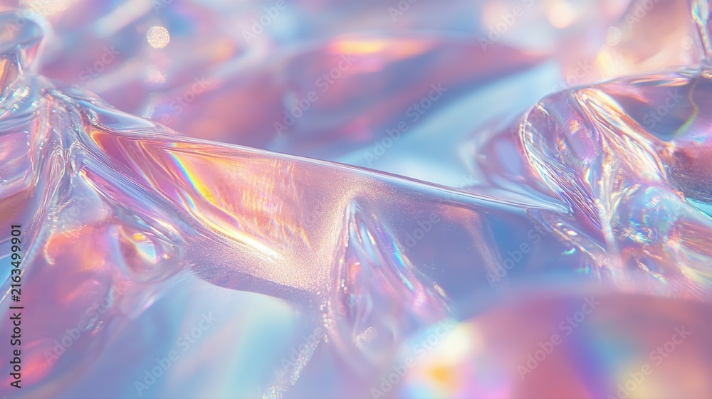 Obraz premium Close-up of iridescent, crumpled metallic foil with pastel holographic colors, abstract texture for creative design and artistic backgrounds