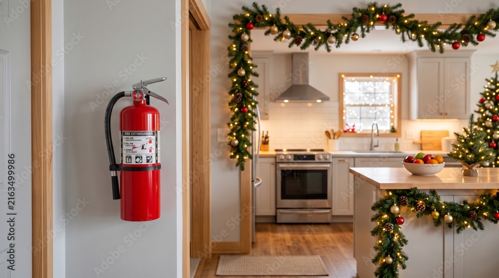 Fototapeta premium Fire extinguisher beside a Christmas decorated kitchen. Holiday home safety concept highlighting fire prevention and emergency preparedness during seasonal cooking and celebration, copy space