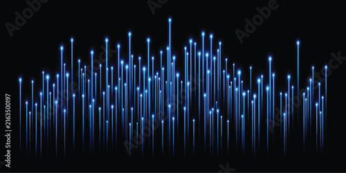 Abstract blue glowing vertical light lines and particles on black background with technology abstract particles connection vertical futuristic electronic transfer information processing