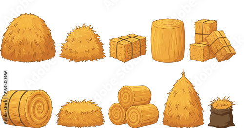 Bild auf Leinwand Cartoon hay bale vector set with haystack round bales straw blocks and harvest s
