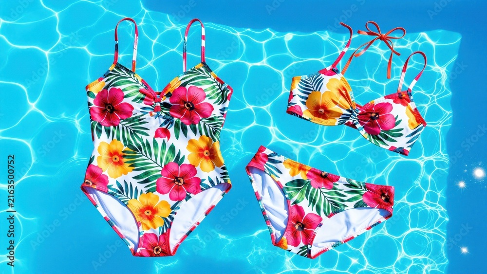 Fototapeta premium Colorful floral print one-piece and bikini swimwear set floating on bright blue pool water for summer beach vacation