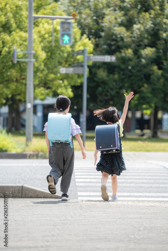 Plakat 横断歩道を渡るランドセル姿の子供たちの後ろ姿