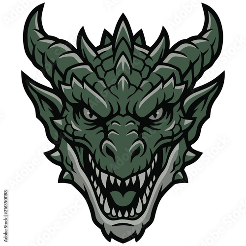 Menacing green dragon head vector mascot illustration with sharp teeth and horns