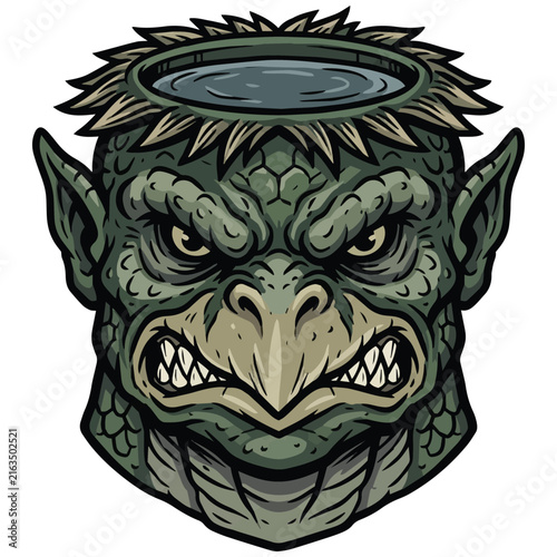 Fearsome Japanese mythical creature with a dish of water on its head, illustrated as a monstrous character