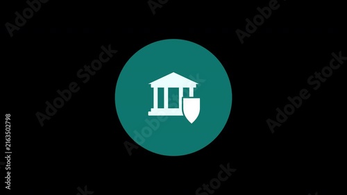 Secure bank building and shield icon motion graphics, animation loop representing financial protection and insurance