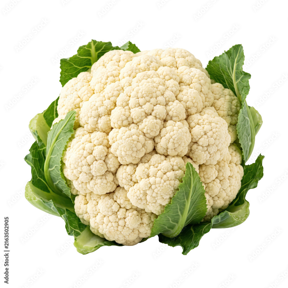 Naklejka premium Fresh cauliflower with green leaves isolated on a transparent background