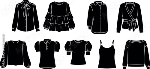 Fotografie Women fashion apparel silhouette icons bundle featuring elegant blouses long sle