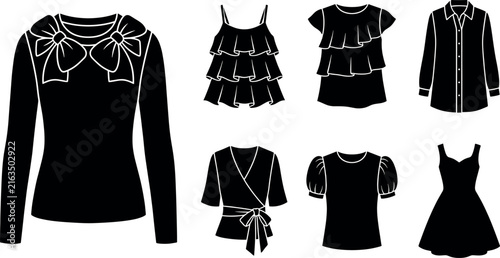Bild auf Leinwand Women fashion clothing silhouette icons set featuring long sleeve blouse ruffled top button shirt wrap tunic and summer dress vectors