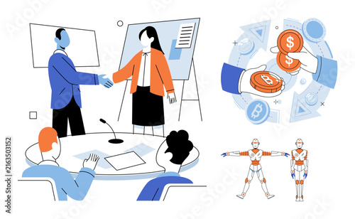 Business meeting presentation and cryptocurrency exchange vector illustration. Corporate strategy, financial trading, digital currency, team collaboration, modern technology, artificial intelligence