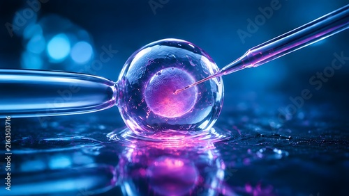 Microscopic 3D view of intracytoplasmic sperm injection ICSI into a glowing human egg cell during IVF treatment