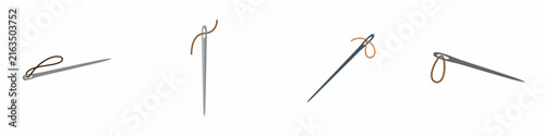Quadro su tela Set of sewing needles with brown thread at different angles isolated on white ba