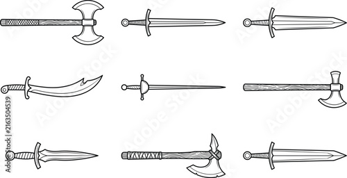 Canvastavla Medieval Weapons Hand Drawn Line Art Set Sword Axe and Dagger Collection