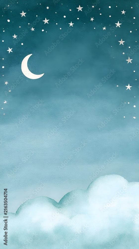 Naklejka premium Starry night with crescent moon and fluffy clouds