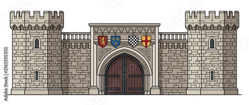 Foto Medieval Castle Gatehouse with Towers and Coats of Arms