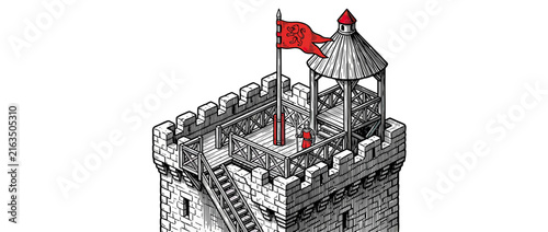 Fotografía Medieval Stone Watchtower with Red Flag and Gazebo
