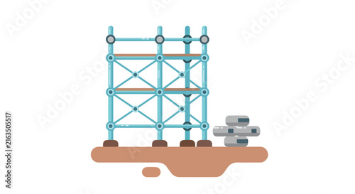 A flat vector illustration shows a blue metal scaffolding structure on brown ground with stacked construction materials nearby.