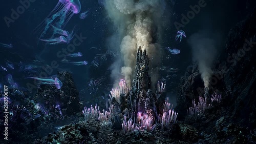 Underwater volcanic eruption with glowing lava and colorful coral formations in deep ocean scene showcasing geological activity and marine life