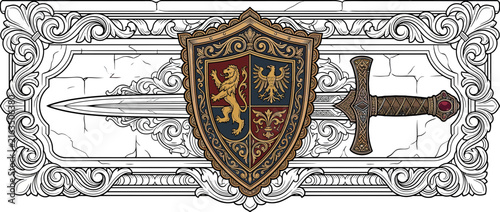 Ornate Medieval Shield and Sword Emblem Isolated