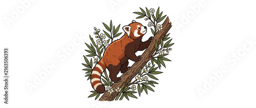 Red panda climbing a tree with leaves and flowers