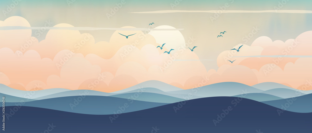Naklejka premium Sunrise landscape, sun in the clouds and hills, minimalistic landscape, vector illustration