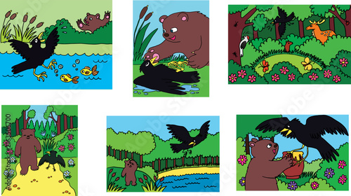 Conceptual hand-drawn vector fairytale illustration set with cute brown bear, black crow raven and forest landscape scenes for kids books and games.