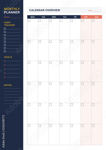 Colorful undated monthly planner template page with daily grid and notes section (A4 format) - design for printable planners, office stationery, and digital journal pages. PNG version.
