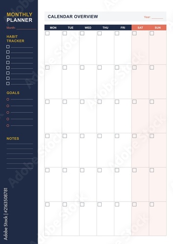 Colorful undated monthly planner template page with daily grid and notes section (A4 format) - design for printable planners, office stationery, and digital journal pages. JPEG version.
