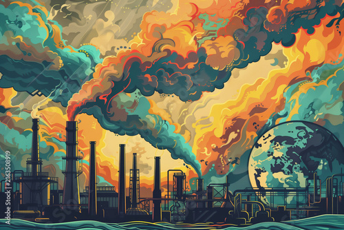 Industrial Pollution, Factory chimney smoke cloud wrapping around melting planet earth. Carbon emissions and environmental damage concept.