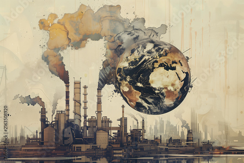 Smoking factory chimneys releasing dark plumes of pollution, threatening distressed Earth. Industrial Pollution effect Carbon emissions and environmental damage 