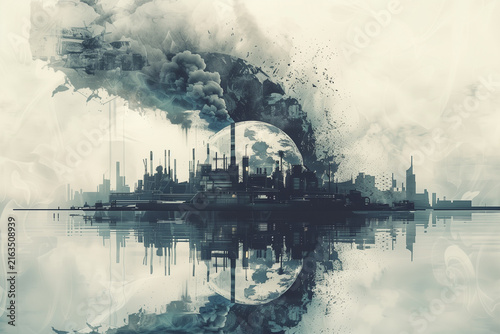 Smoking factory chimneys releasing dark plumes of pollution, threatening distressed Earth. Industrial Pollution effect Carbon emissions and environmental damage 