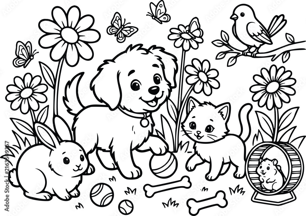 Fototapeta premium Cute baby animals coloring page for kids, cartoon puppy and kitten in garden, black and white outline vector illustration of pets and flowers