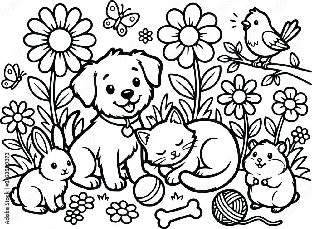 Fototapeta premium Cute animal coloring page vector illustration, black and white line art coloring book for kids, puppy, cat, rabbit and bird in garden