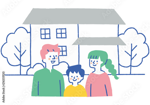 A smiling family of three standing in front of their home_Color