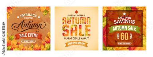 Square Autumn Sale Social Media Banner Template with Colorful Fall Leaves