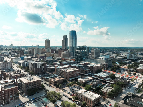 Aerial drone view of downtown Omaha, Nebraska, showcasing the city skyline and urban architecture in August 2026.