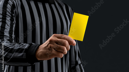 Referee displaying a yellow card during a sports event against a dark backdrop