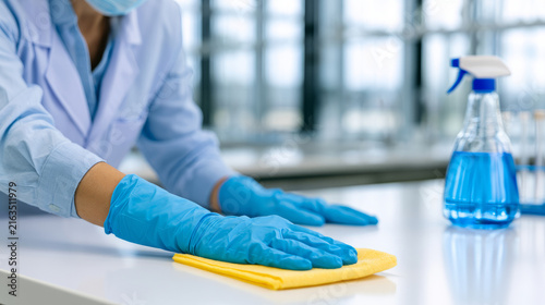 Healthcare professional cleaning surface with cloth and disinfectant spray in modern laboratory setting