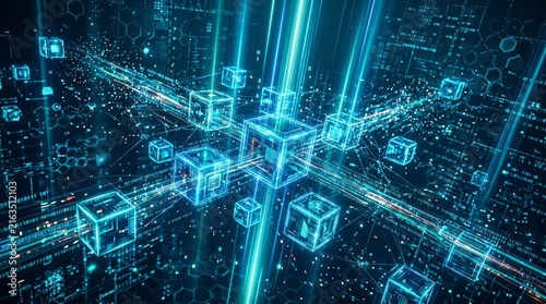 A futuristic digital visualization of a blockchain network featuring glowing 3D cubes interconnected by luminous data lines, light trails, and binary code in a blue cyber space environment.