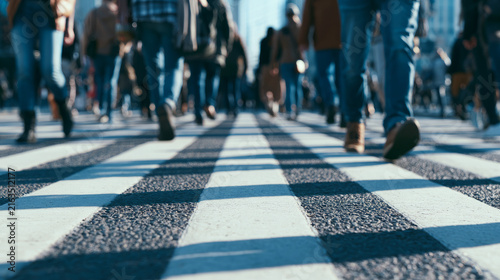 Group of individuals navigating a bustling city crosswalk filled with pedestrians and vehicles