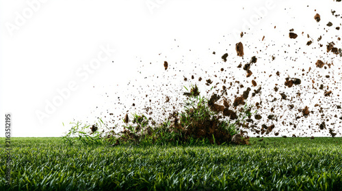 Vibrant green landscape showcasing soil and grass being dynamically displaced in an engaging natural setting