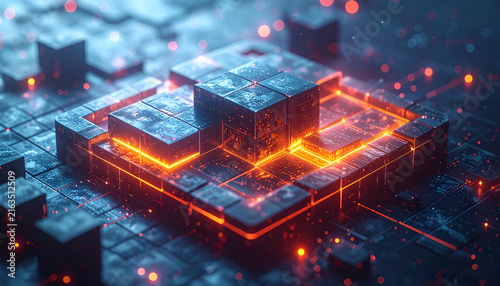 Close-up view of a glowing orange and blue geometric circuit board, with textured blocks and intricate lines