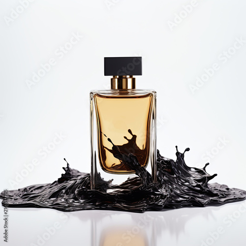 Elegant Luxury Perfume Bottle Isolated on Dramatic Black Background with Splash Effect