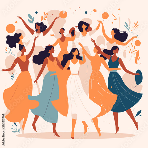 Diverse group of happy women dancing together in celebration.