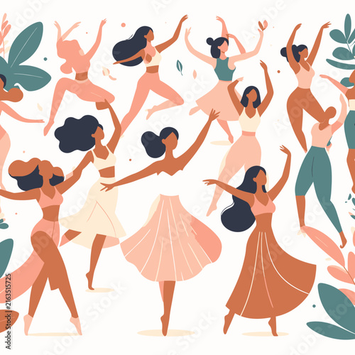Diverse group of women dancing and moving gracefully together.