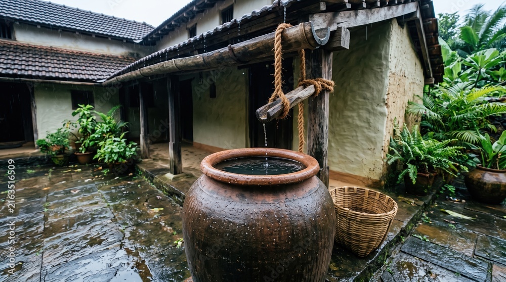 Fototapeta premium Traditional clay water pot and wooden well structure in a tropical rain courtyard