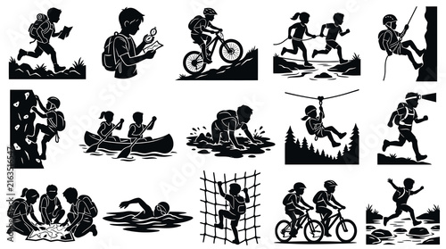Outdoor Adventure Sports Icons: Hiking, Climbing, Cycling, Canoeing, Ziplining, Swimming