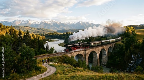 Scenic vintage steam train crossing a magnificent stone viaduct bridge with mountain landscape background